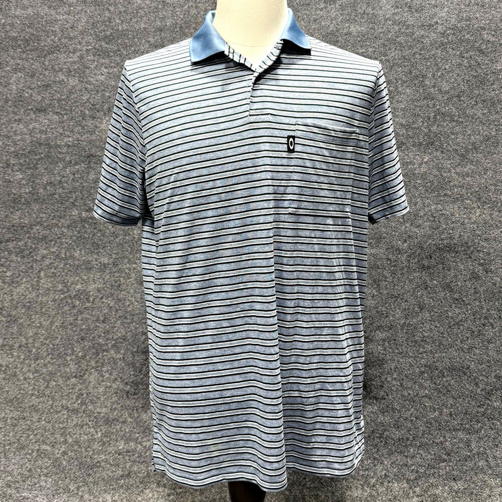 Oakley Hydrolix Polo Shirt Mens Medium Gray Blue Striped Golf Performance